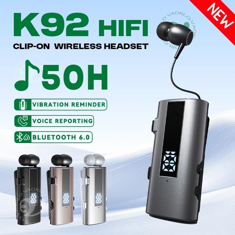 K92 Bluetooth 6.0 Lavalier Business Headset 30 Hours/Music 50 Hours Reminder Vibration LED Digital Display with Microphone Wireless Headset