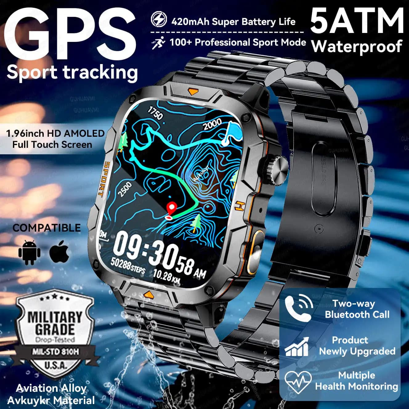 2025 Military GPS Tracker Outdoor Sports Smart Watch Man 5ATM Waterproof Bluetooth 100 call + Sports Mode 430mAh Military Bracelets