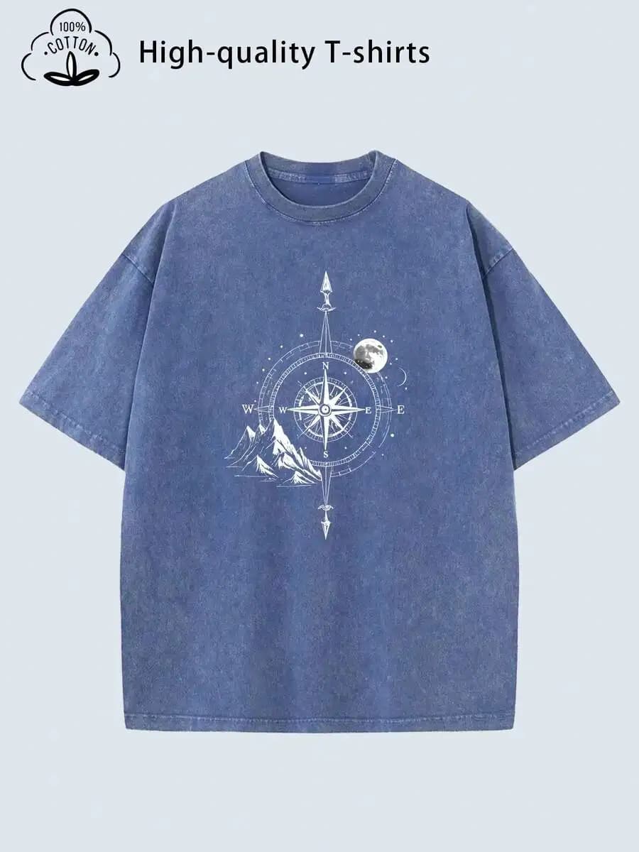 Vintage Compass Print Washed Cotton T-Shirt Loose Fit Streetwear Tee