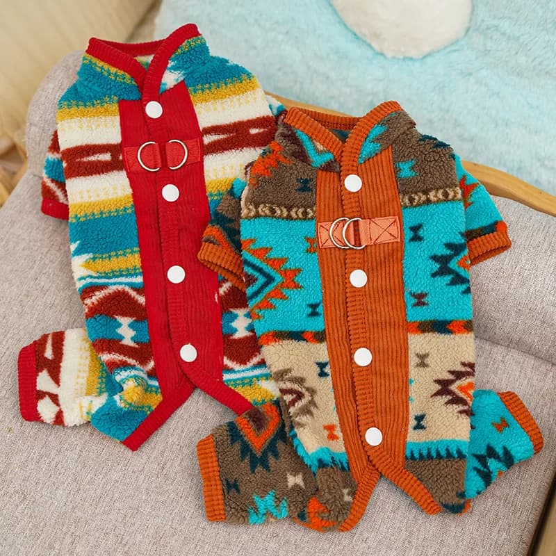 Vestiti invernali per cani Tute in pile caldo con copertura della pancia a quattro zampe per cani di piccola taglia Gatti Pigiama etnico Fair Isle Bichon Abbigliamento per animali domestici