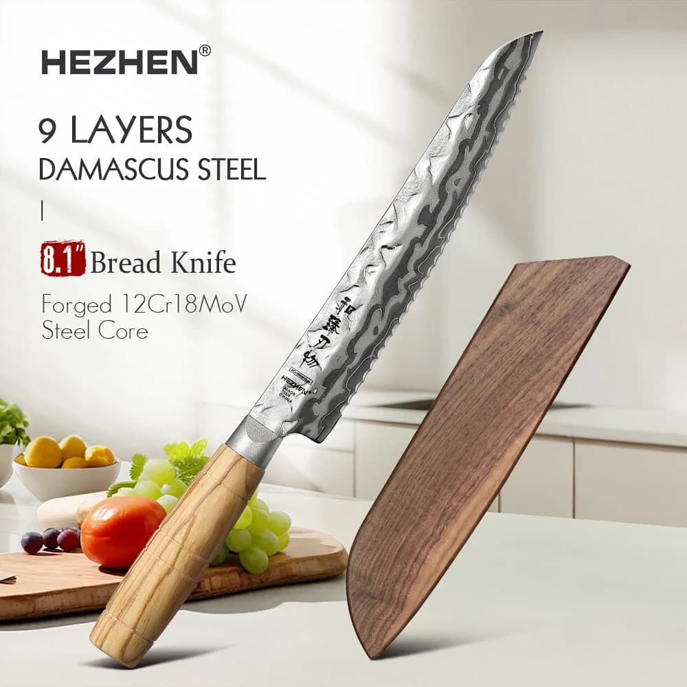 HEZHEN 8.1 Inch Bread Knife Premium 9‑Layer Damascus Steel with 12Cr18MoV Core Ergonomic Olive Wood Handle Kitchen Cake Knife