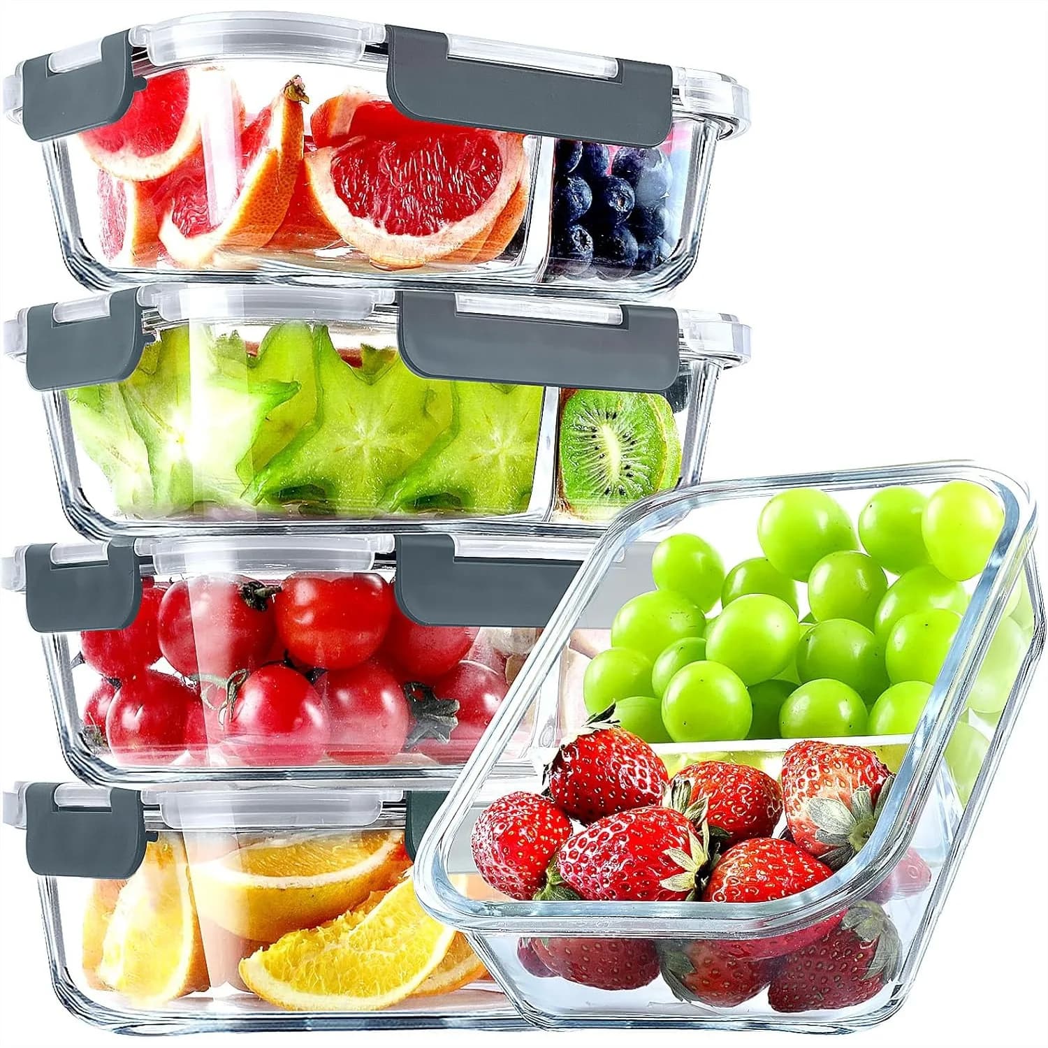 Set di 5 Contenitori in Vetro per Preparazione Pasti con 2 Scomparti, Contenitori Ermetici in Vetro da 36oz con Coperchi, per Microonde, Forno e Congelatore