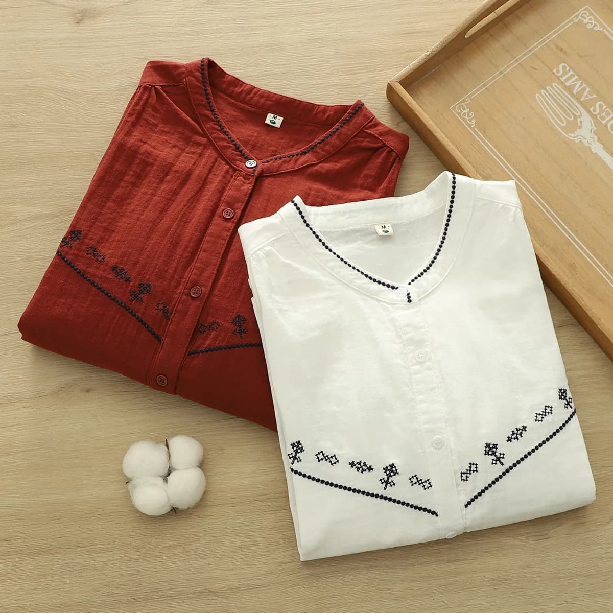 New 2026 Summer Women Cotton Yarn 3/4 Sleeve Shirt, Stand Embroidery, Mori Girl Fashion Versatile Soft Loose Blouse T65021CC