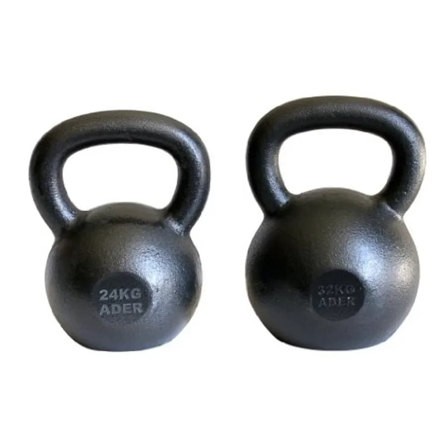 Home gym kettlebell set for strength training, cast iron with black enamel finish, includes 24 kg and 32 kg weights plus instru