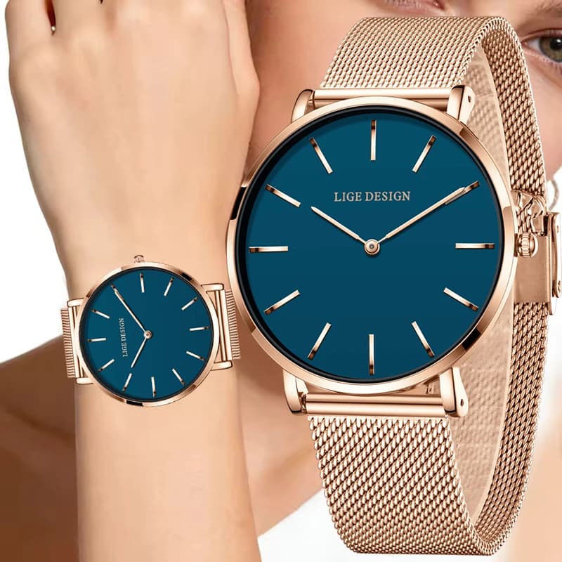LIGE New Women's Watch Top Brand Luxury Ultra Thin Mesh Quartz Watches for Women Elegant Fashion Waterproof Ladies Wristwatch