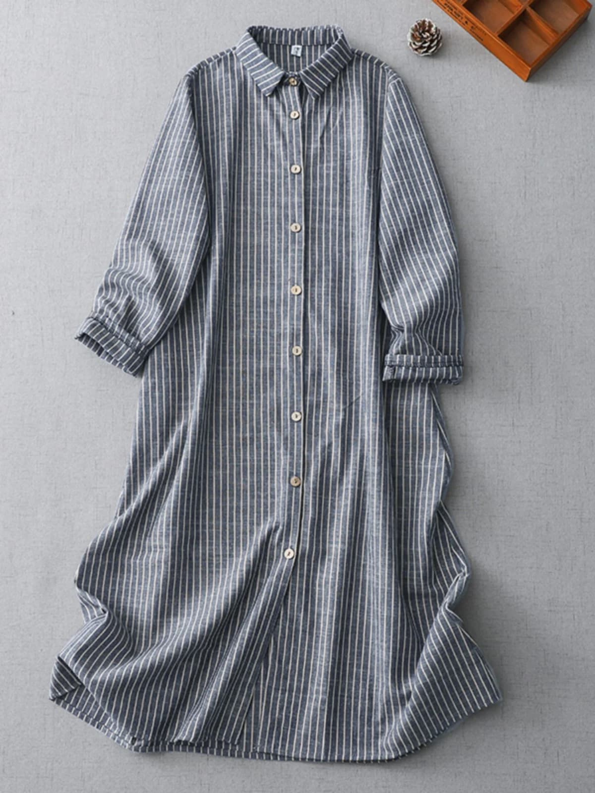 Retro Cotton Linen Striped Shirt Dress Women's Spring Autumn Loose Slimming Midi Collar Linen Jacket Top A-Line Skirt