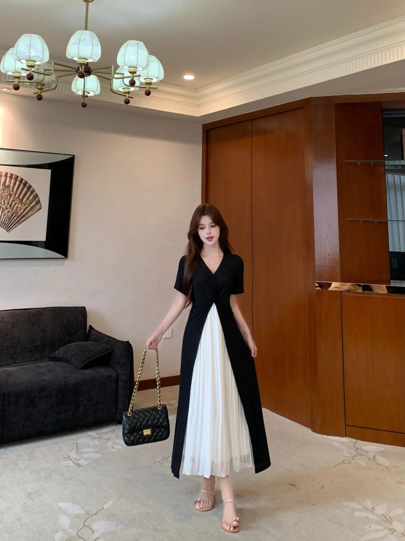 plus Size Slimming V-Neck Color Block Dress Elegant Long A-Line Korean Style Casual Summer New Arrival Fashionable Dress