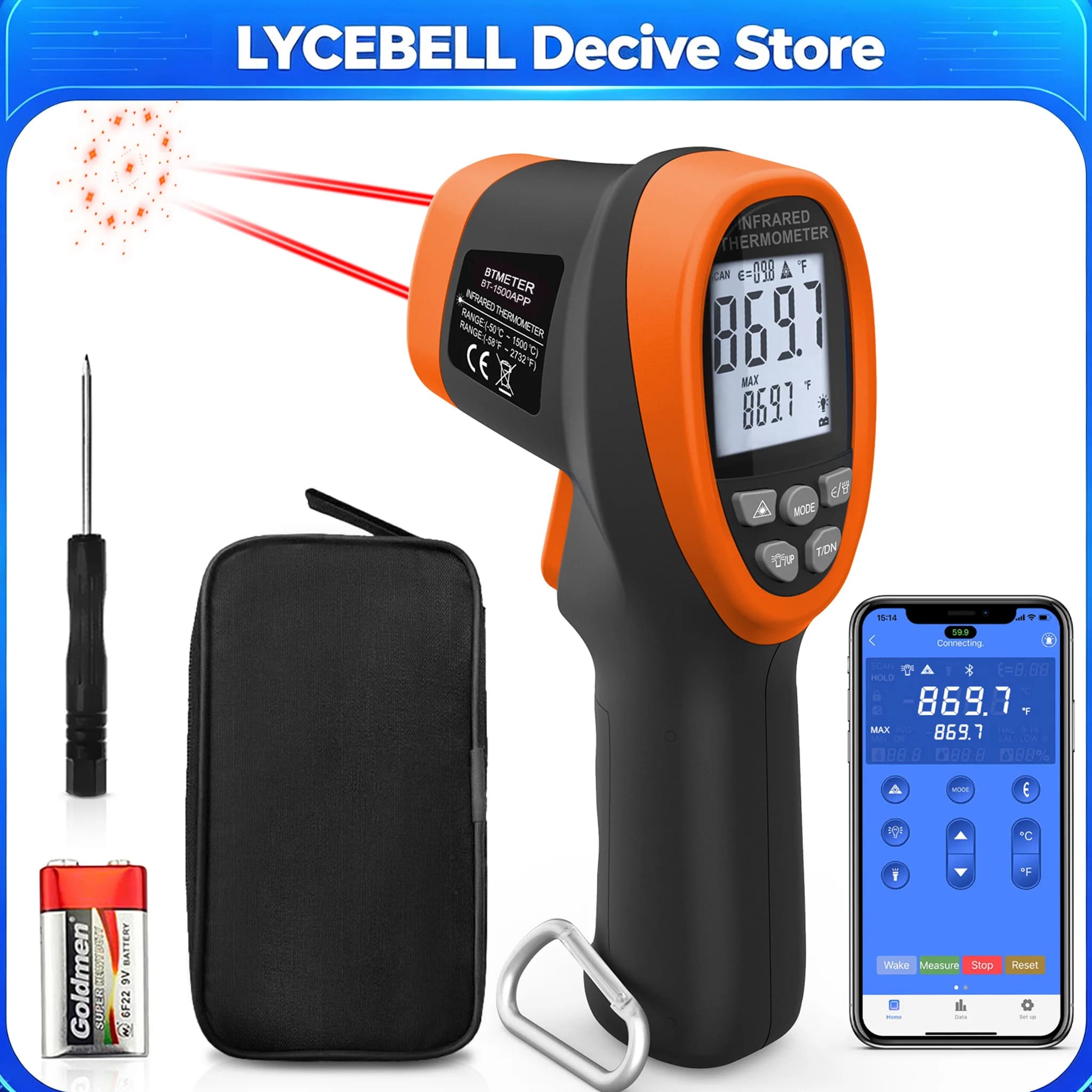APP Non-Contact Infrared Thermometer -50℃~1500℃ Industrial Pyrometer Laser Temperature Gun with Data Record for HVAC Automotive
