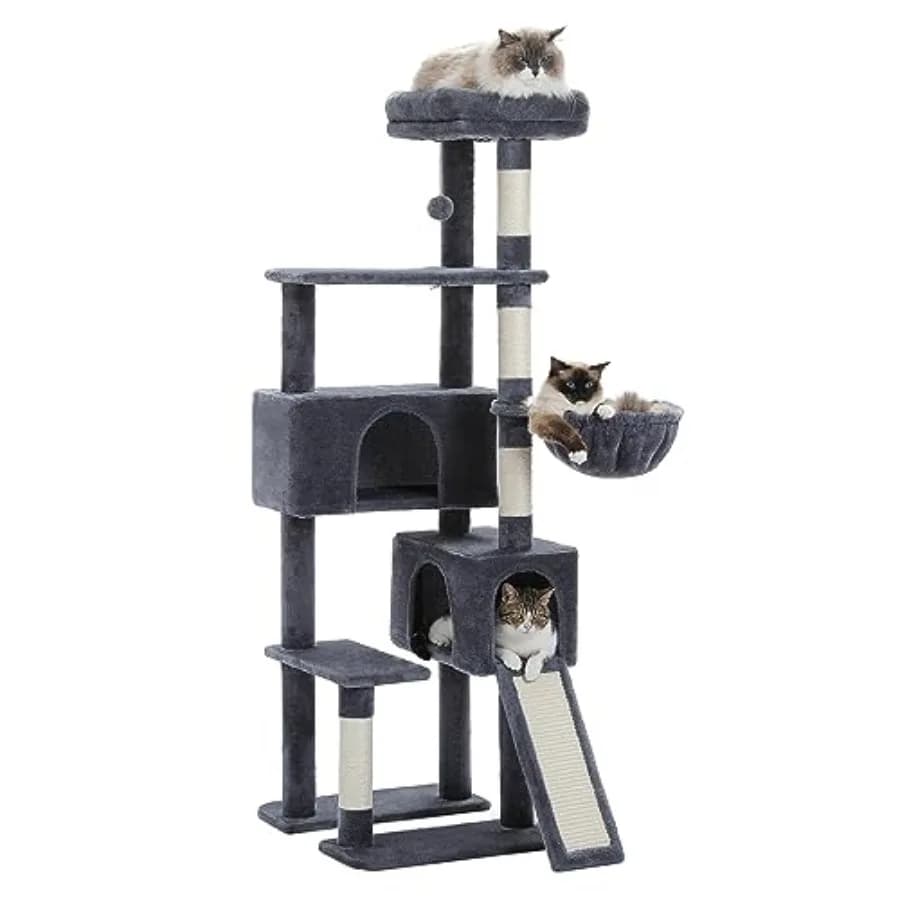 Cat Tree, 60 Inch Cat Tower with Dual Condos, Spacious Perch, Cozy Basket and Sisal-Covered Scratching Posts for Indoor Cats