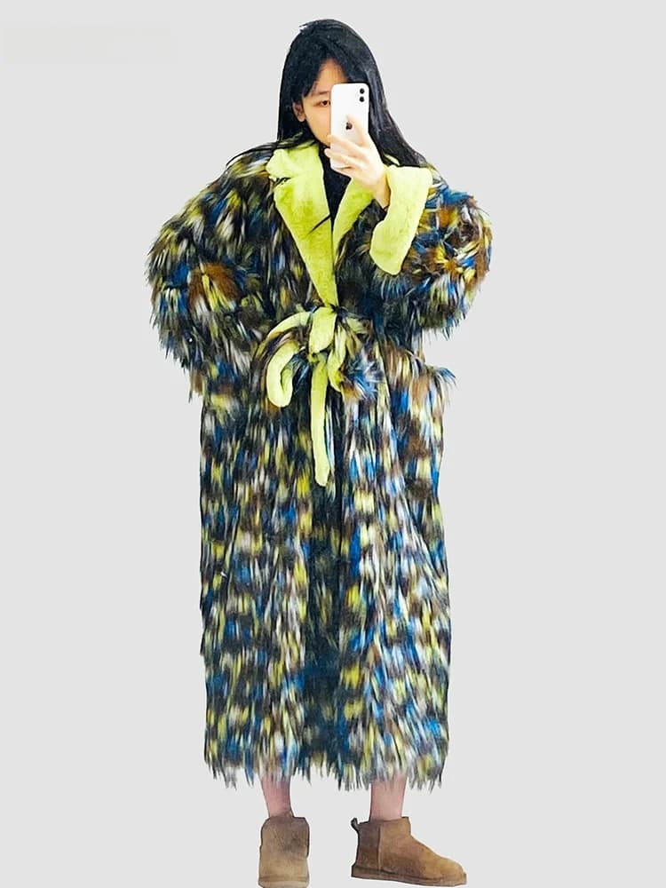 Nerazzurri Fur Coat Women's Design Sense Belted Loose Fluffy Fur Outerwear Korean Style V-neck Mid-length Winter Coat