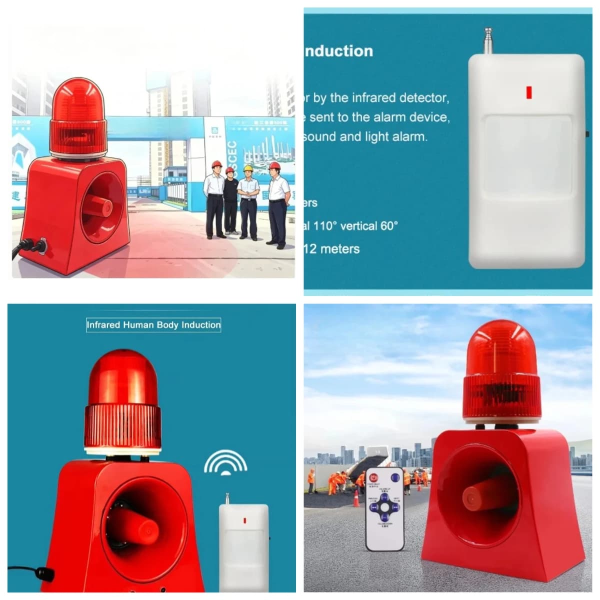 2026Outdoor Wireless PIR Motion Sensor Red LED Sound & Light Alarm Customizable MP3 Audio DC12-24V/AC220V Compatibility