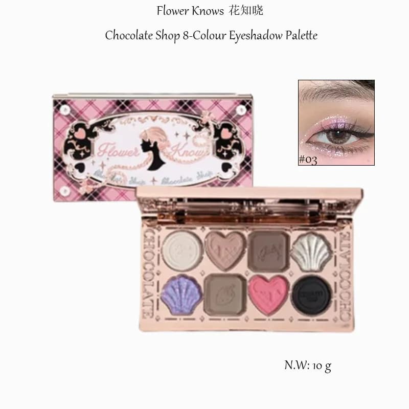 Flower Knows Palette di ombretti Cupido Chocolate Shop Swan Balllet Shimmer Velluto opaco Liscio e altamente pigmentato Lunga durata 10g