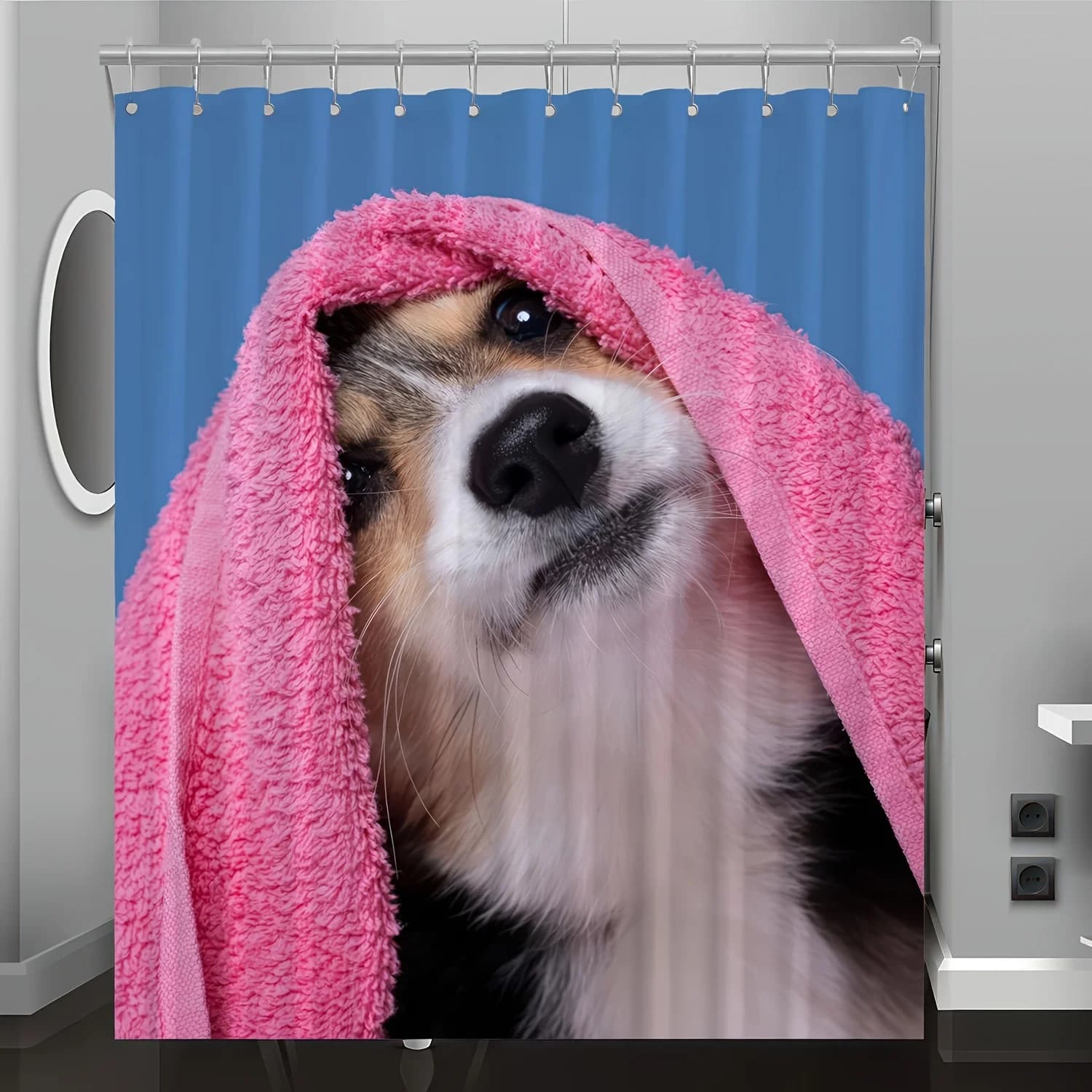 1 adorabile tenda da doccia con stampa di cuccioli con ganci: poliestere lavabile, blu con design per cani con cappuccio rosa, perfetta per il bagno