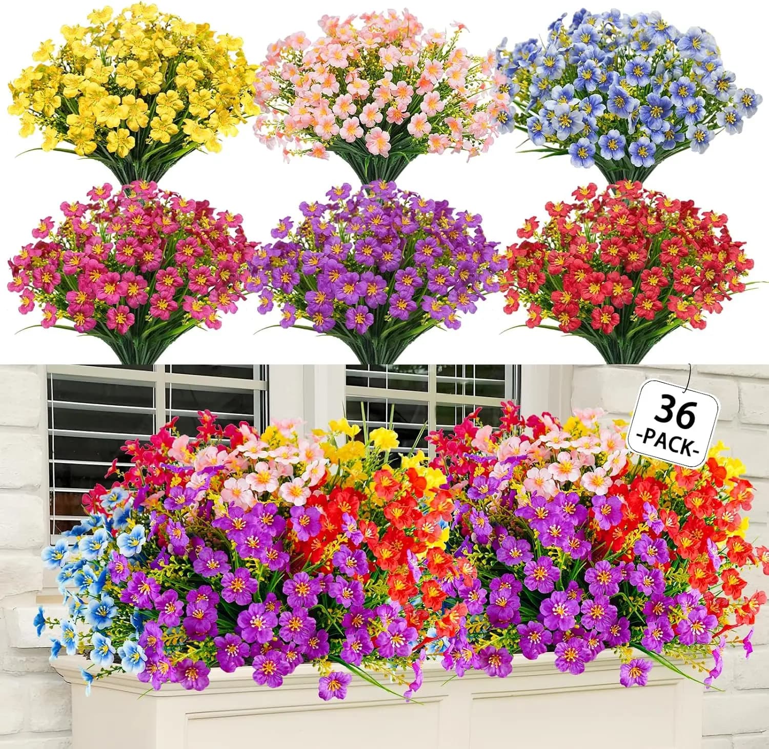 36 Pezzi di Fiori Artificiali per Esterni, Decorazioni Floreali in Plastica, Fiori e Arbusti Finti Resistenti ai Raggi UV, Piante Finte per Interni