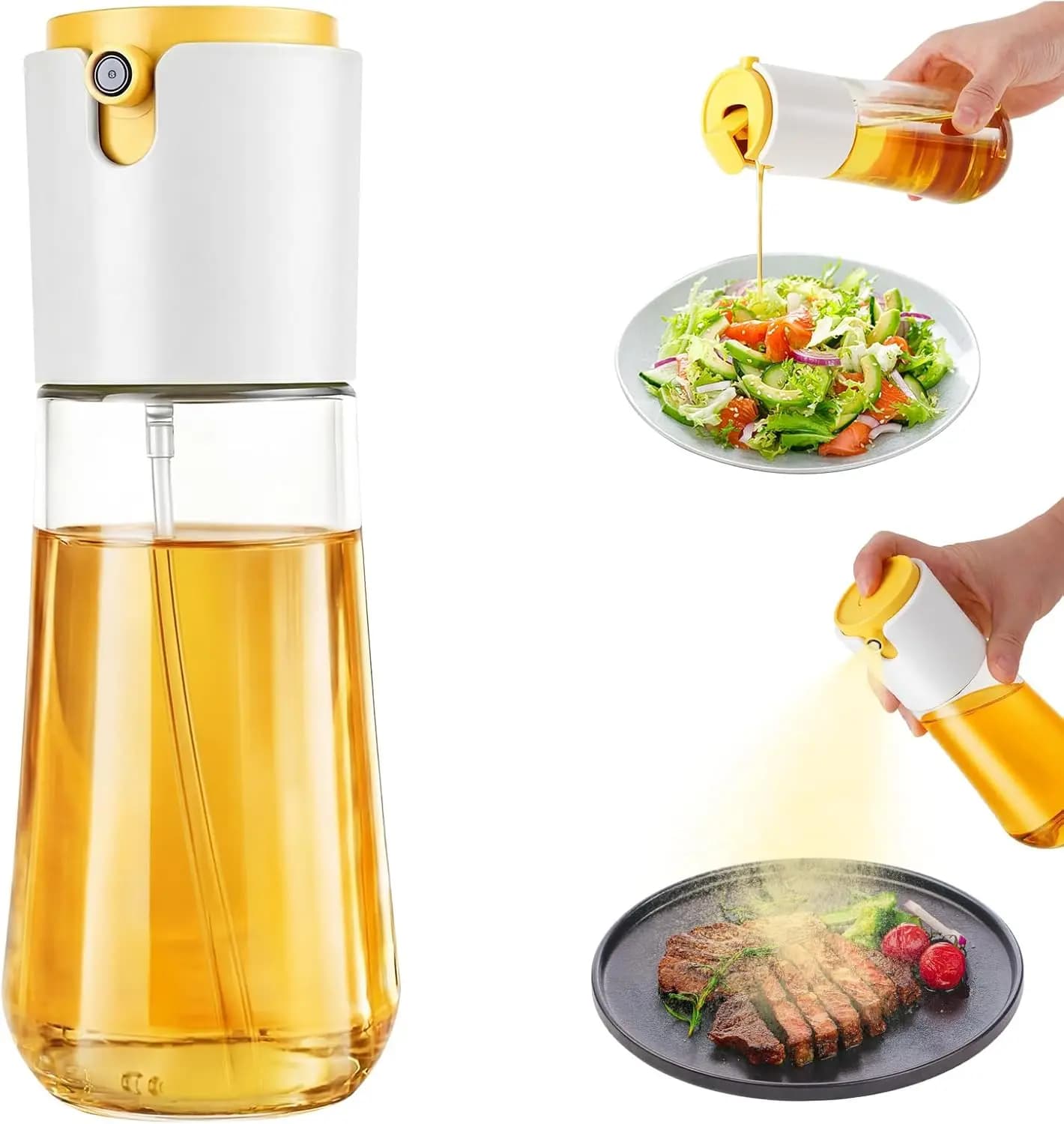 Spruzzatore e dosatore 2-in-1 per olio d'oliva, 300ml, per cucina, insalate, friggitrice ad aria, barbecue - Bianco