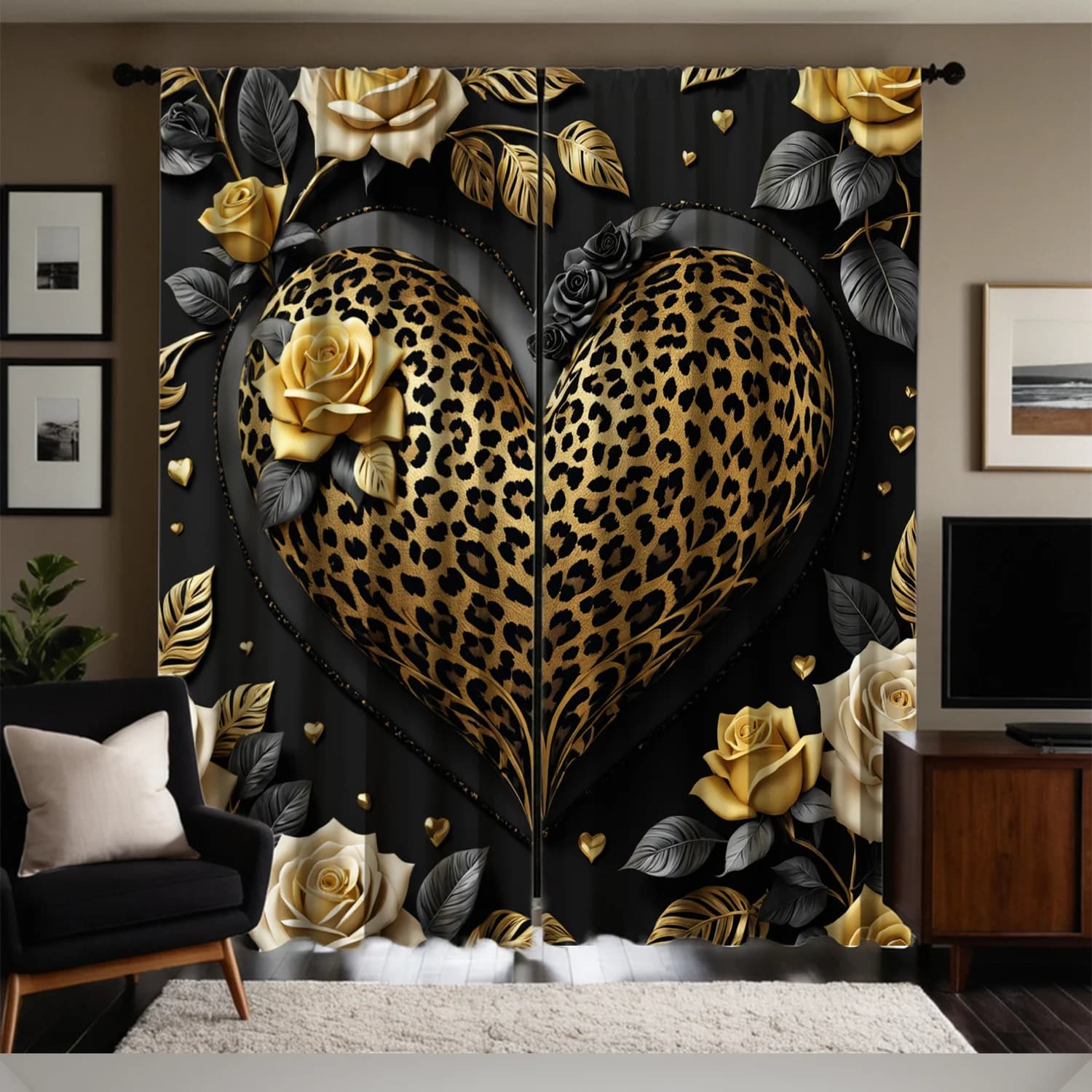 Gold Leopard Heart and Rose Curtains 3D Printing Black Background Window Drapes Luxury Living Room Decor Fashion Home Design