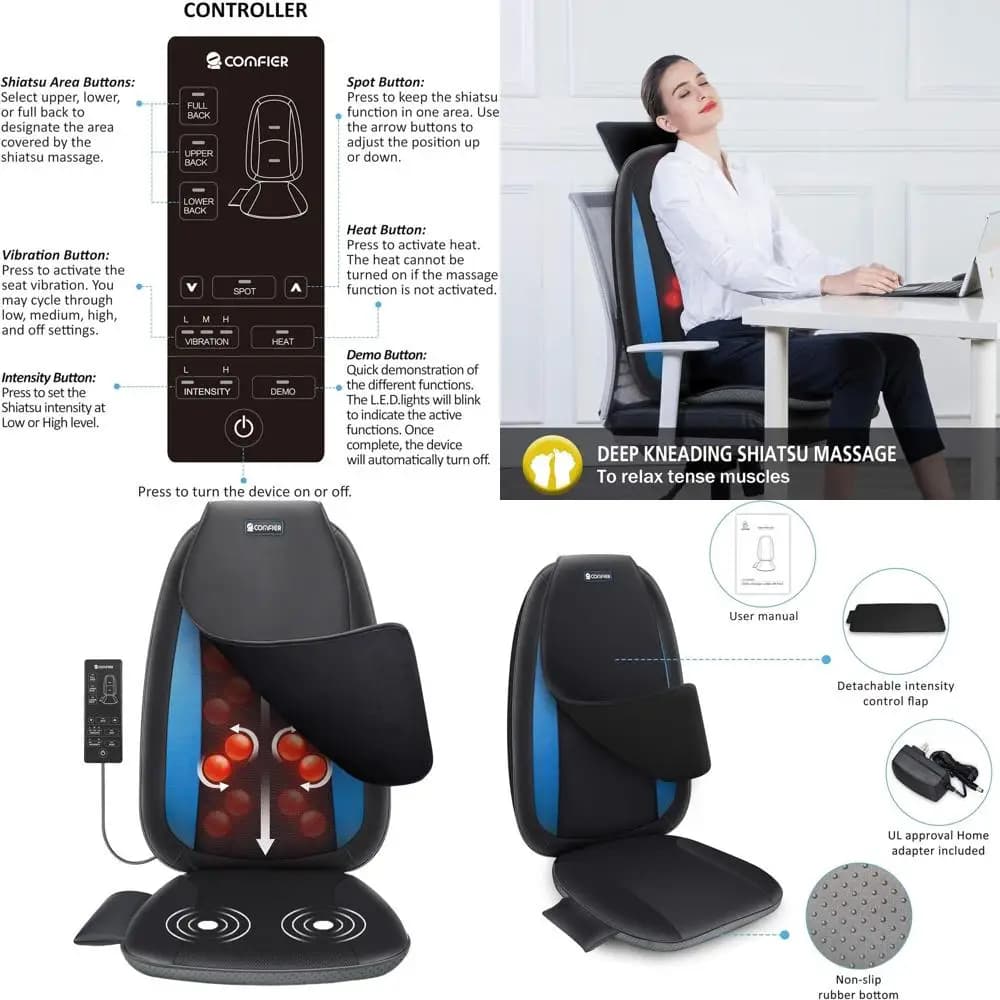 Cuscino massaggiante Shiatsu riscaldato per mal di schiena, cuscino ergonomico per sedie da casa e da ufficio, regalo ideale