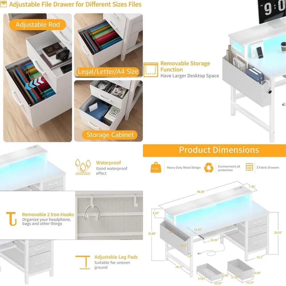 47 white desk with storage space, fabric card, monitor support, home office power sockets, gaming