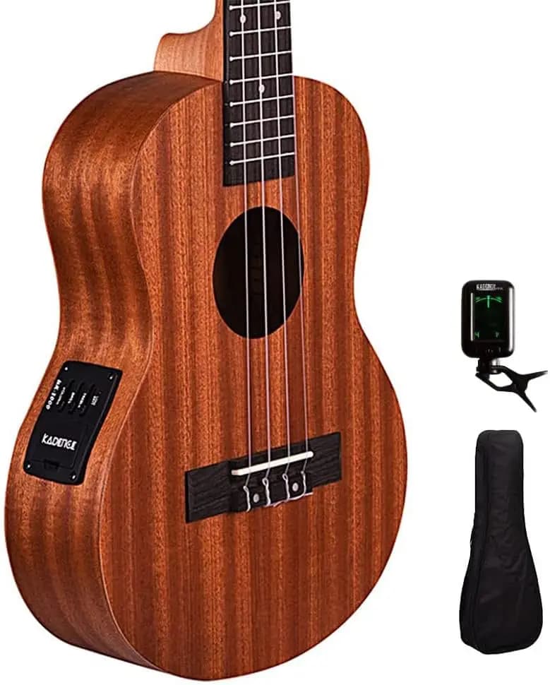 Concert Ukulele 24-Inch Electro Acoustic with Mahogany Construction, Built-in 2-Band EQ Preamp, Gig Bag Included, Beginner Learning Course, Brown Finish