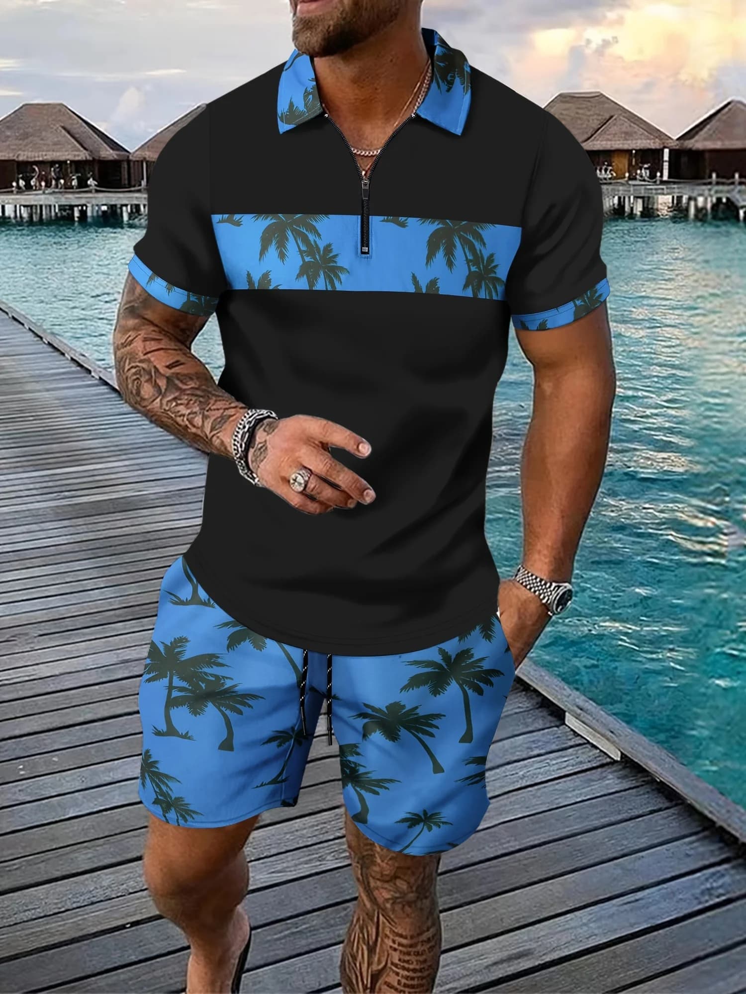 Men's casual suit in two pieces with pineapple and palm pattern, for summer, beach and holidays, with pole with zipper and shorts, complete fashionable.