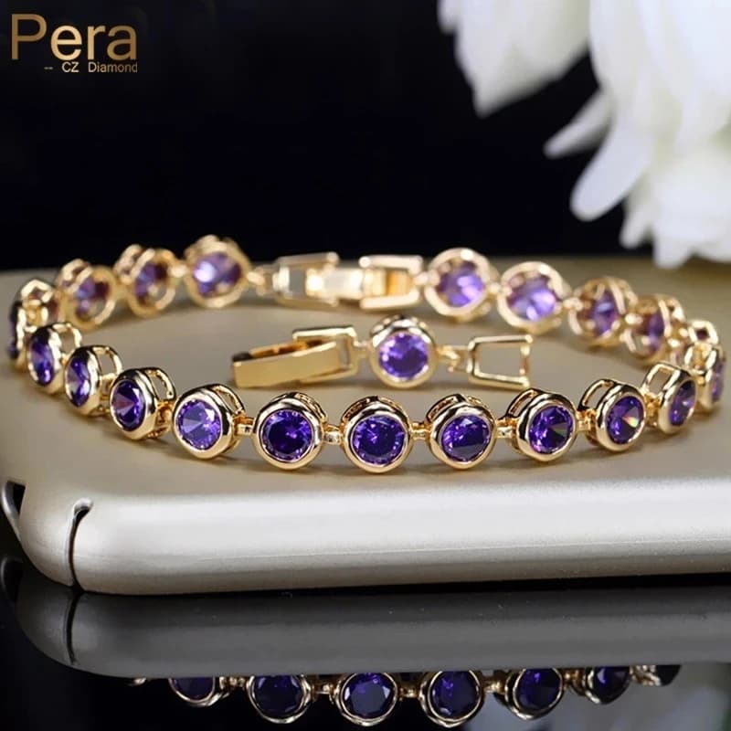 Pera splendido Design Color oro forma rotonda viola Cubic Zirconia Stone Charm Link bracciali gioielli da sposa per le donne B020