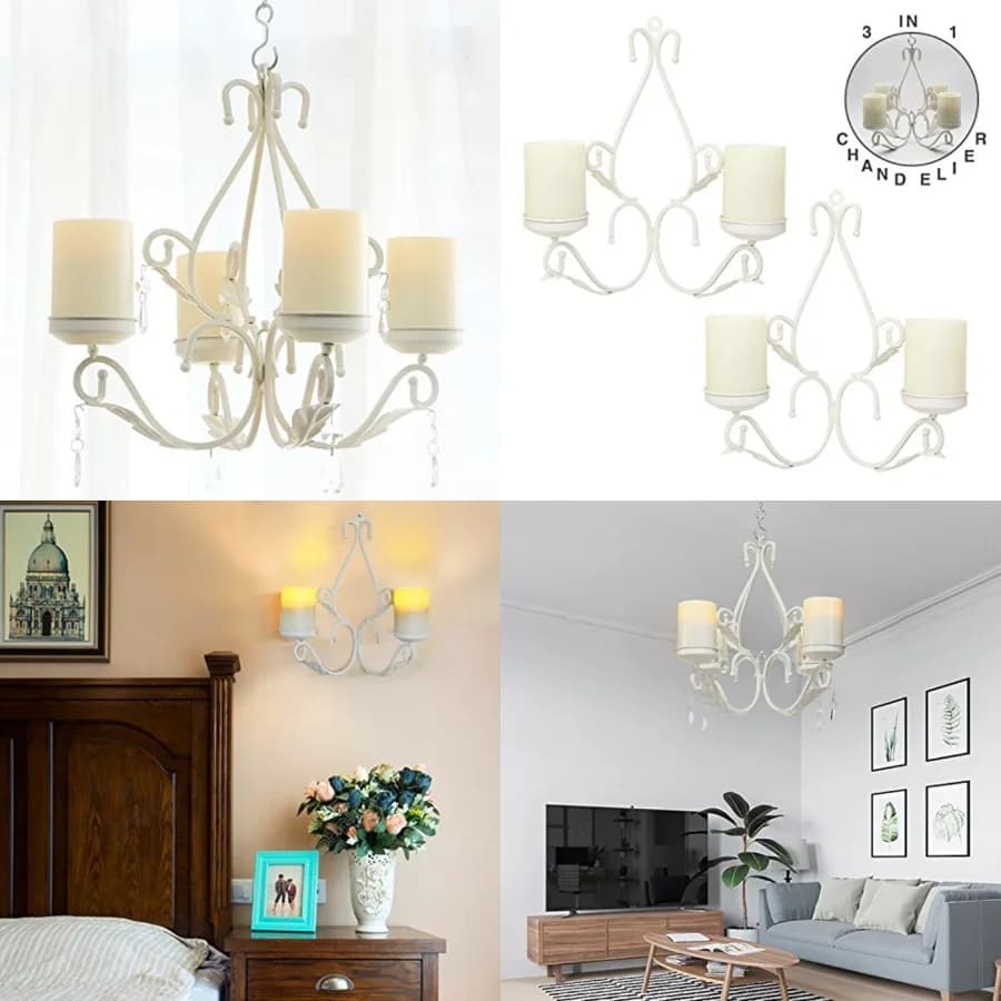 Lampadario 3 in 1, Set di 2 Applique da Parete in Metallo, Centrotavola per Interni o Esterni, Catena e Candele Incluse
