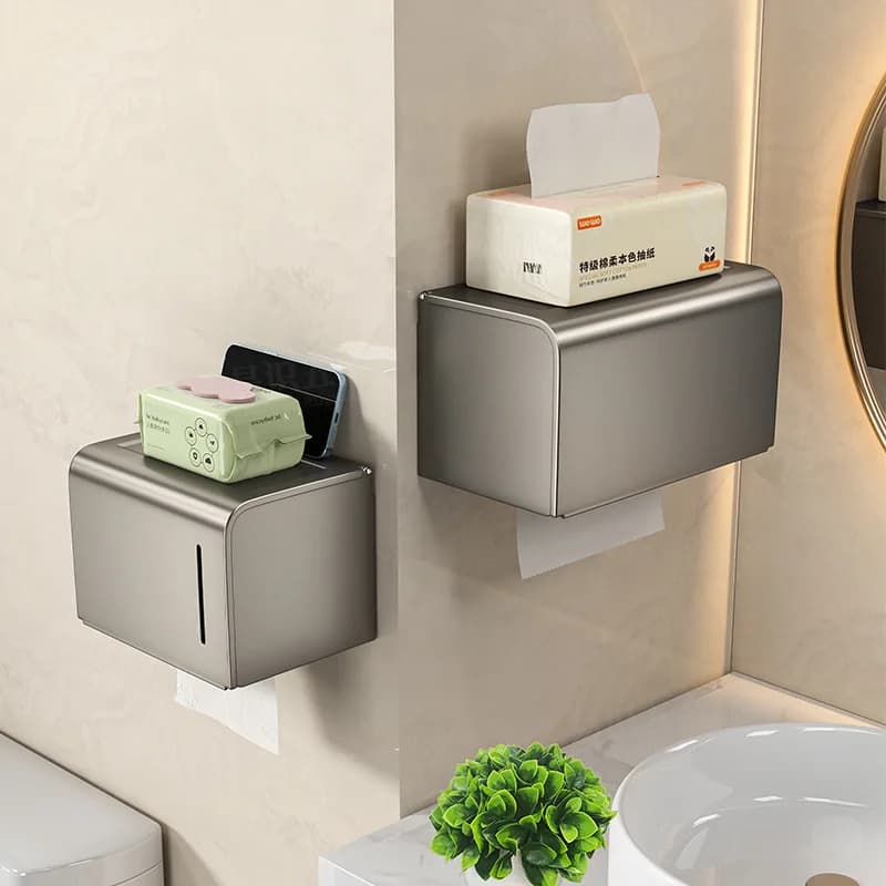 Scatola per carta igienica impermeabile montata a parete con cassetto, portarotolo perforato e ripiano per asciugamani, organizer per il bagno