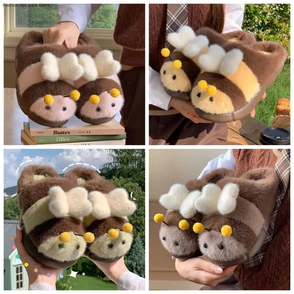 Kawaii 3D Piccola Ape Del Fumetto Ape Pantofole di Peluche Del Fumetto Soffici Pantofole di Pelliccia Calda Studente Con Suola Spessa Y2K Ape Pantofole Dormitorio