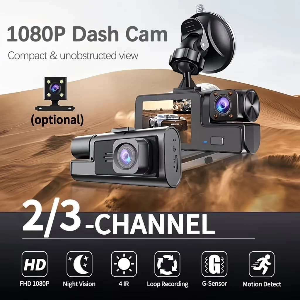 Dash cam HD a doppio/triplo canale, 1080p FHD, vista anteriore/interne/posteriore, obiettivo rotante, sensore G, visione notturna