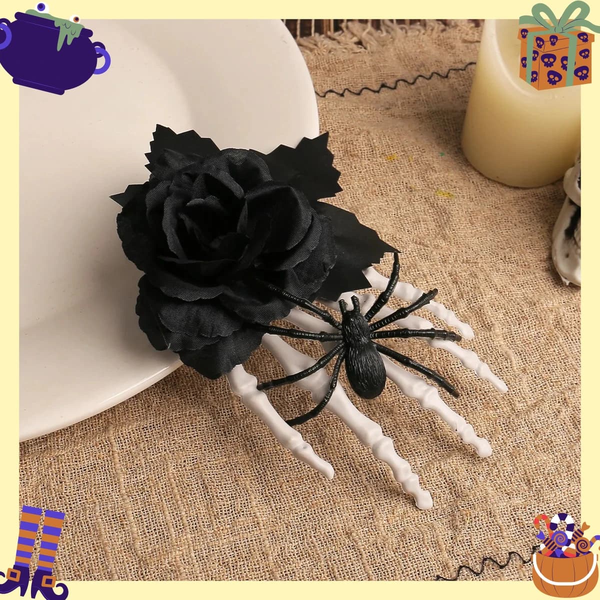 Halloween Spooky Cosplay Headdress Black Rose Hairpin Bone Claw Side Clip Designed Spider Halloween Hair Decoration