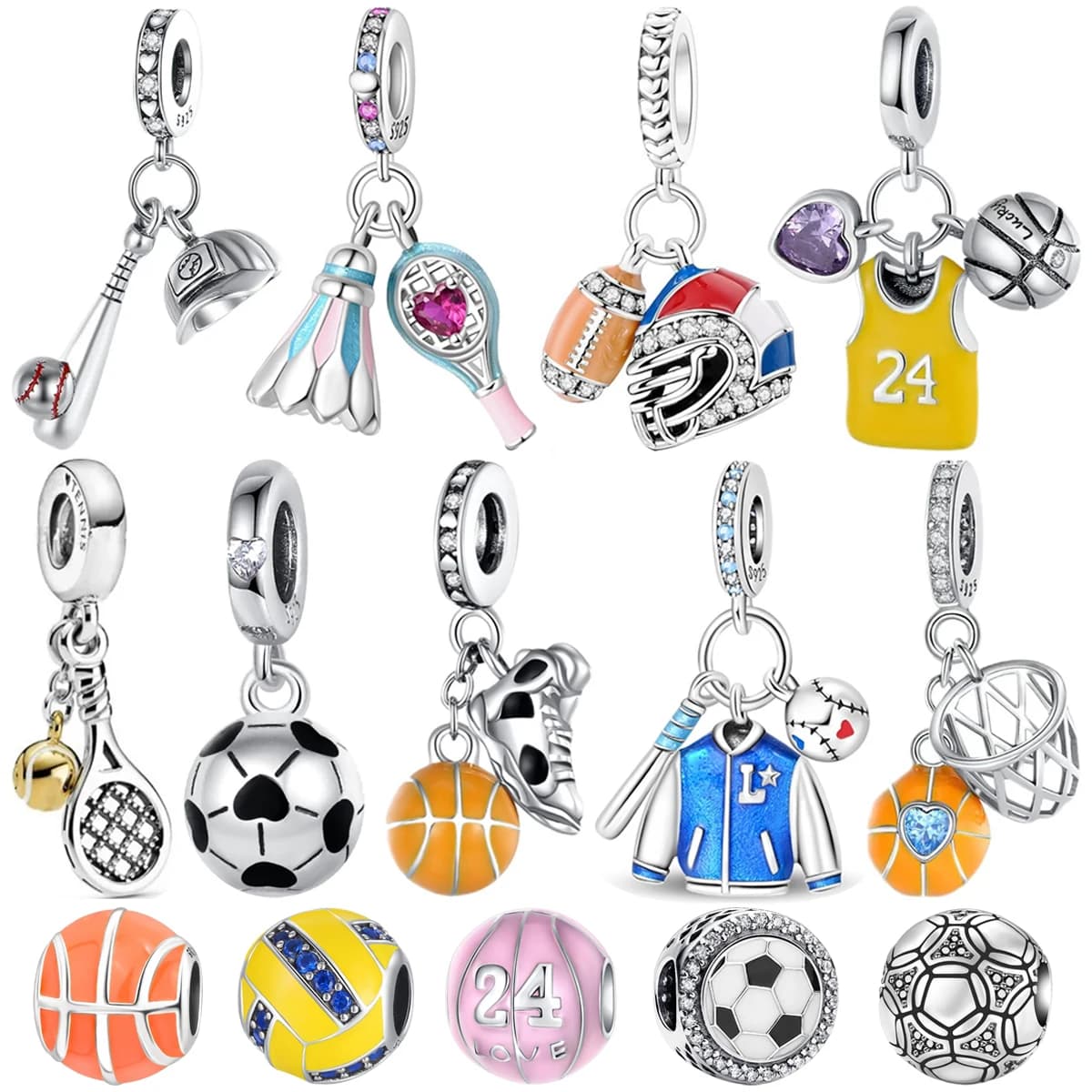Basketball Rugby Baseball Tennis Badminton Volleyball Charms Athlete Pendant Metal Keychain Bracelet with Silver 925 Beads