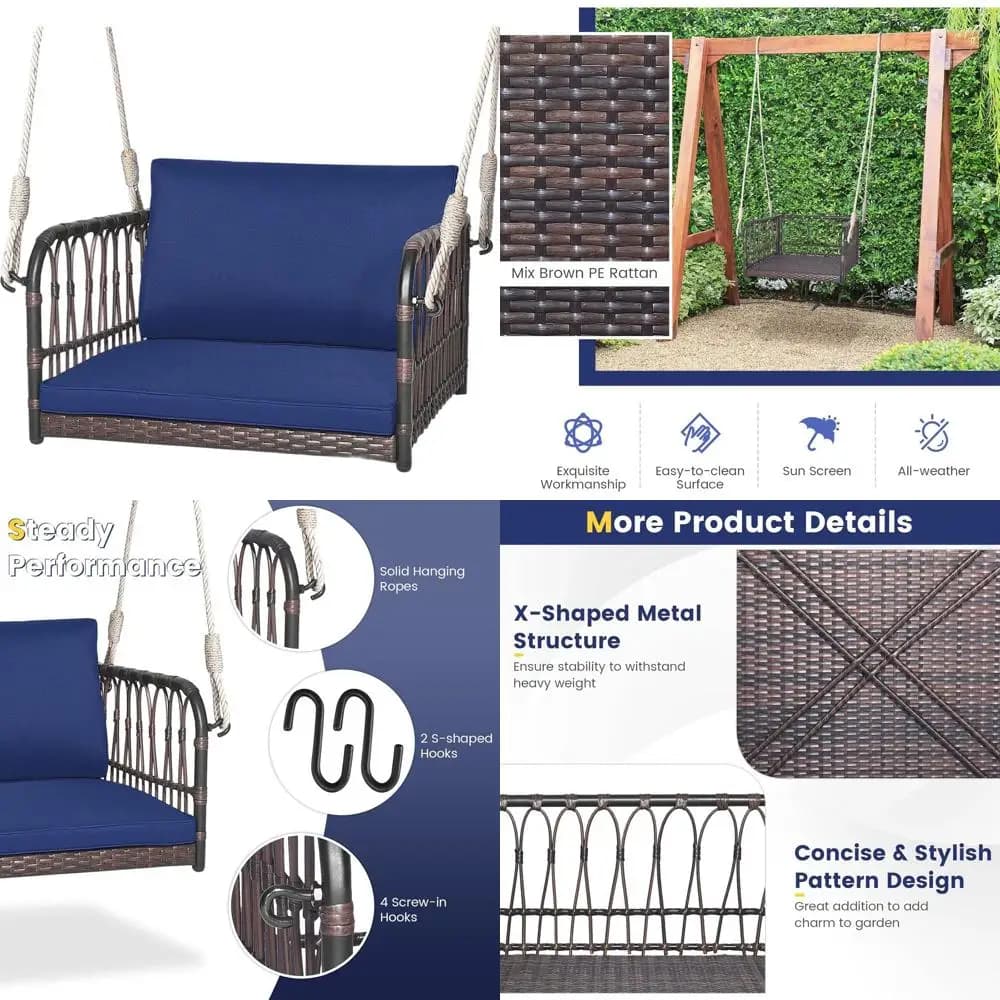Sedia a dondolo singola da esterno in vimini con cuscino, corde e ganci, ideale per patio, giardino o balcone, blu navy