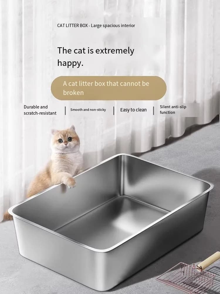 Stainless steel cat litter box Extra-large pet toilet with open design to prevent spillage odor Easy to clean Non-stick bottom