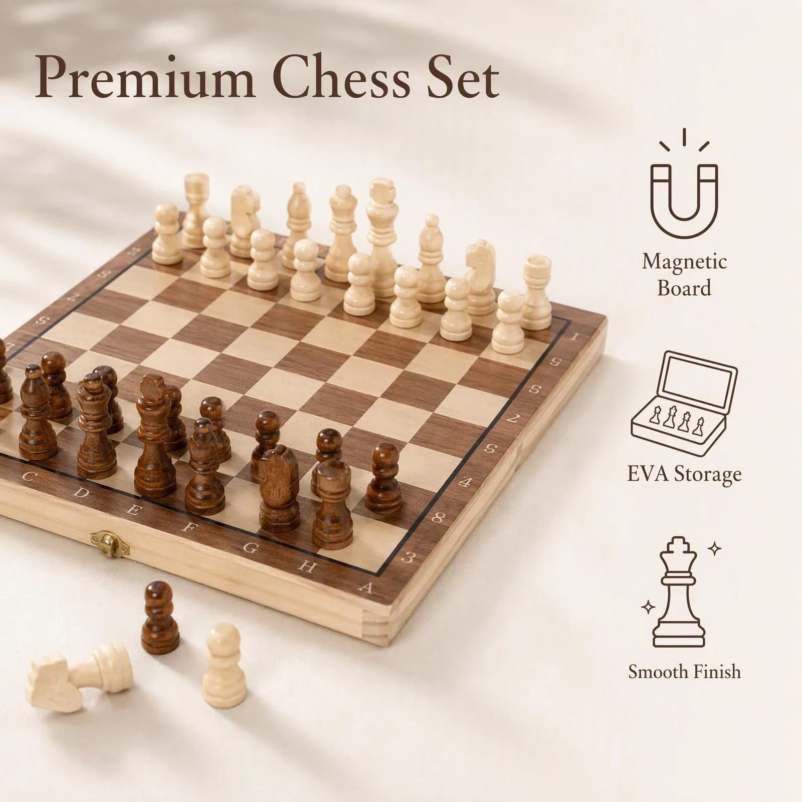 Portable Magnetic Wooden Chess Set Foldable Travel Chess for Beginners Adults Tabletop Board Game with Storage