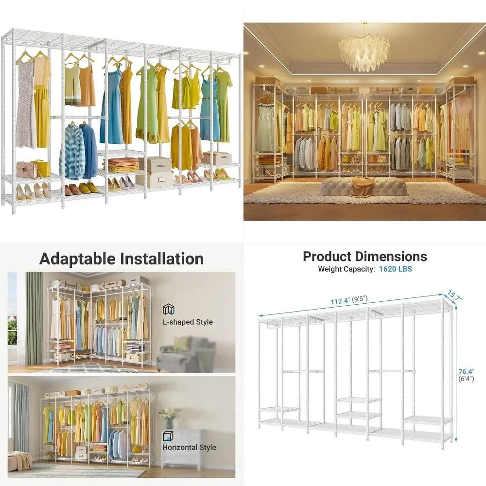 Sistema con 4 Set, Organizzatore per Armadio Personalizzabile da 8FT-21FT con 12 Cassetti, 4 Ripiani e 8 Aste Appendiabiti, Autoportante