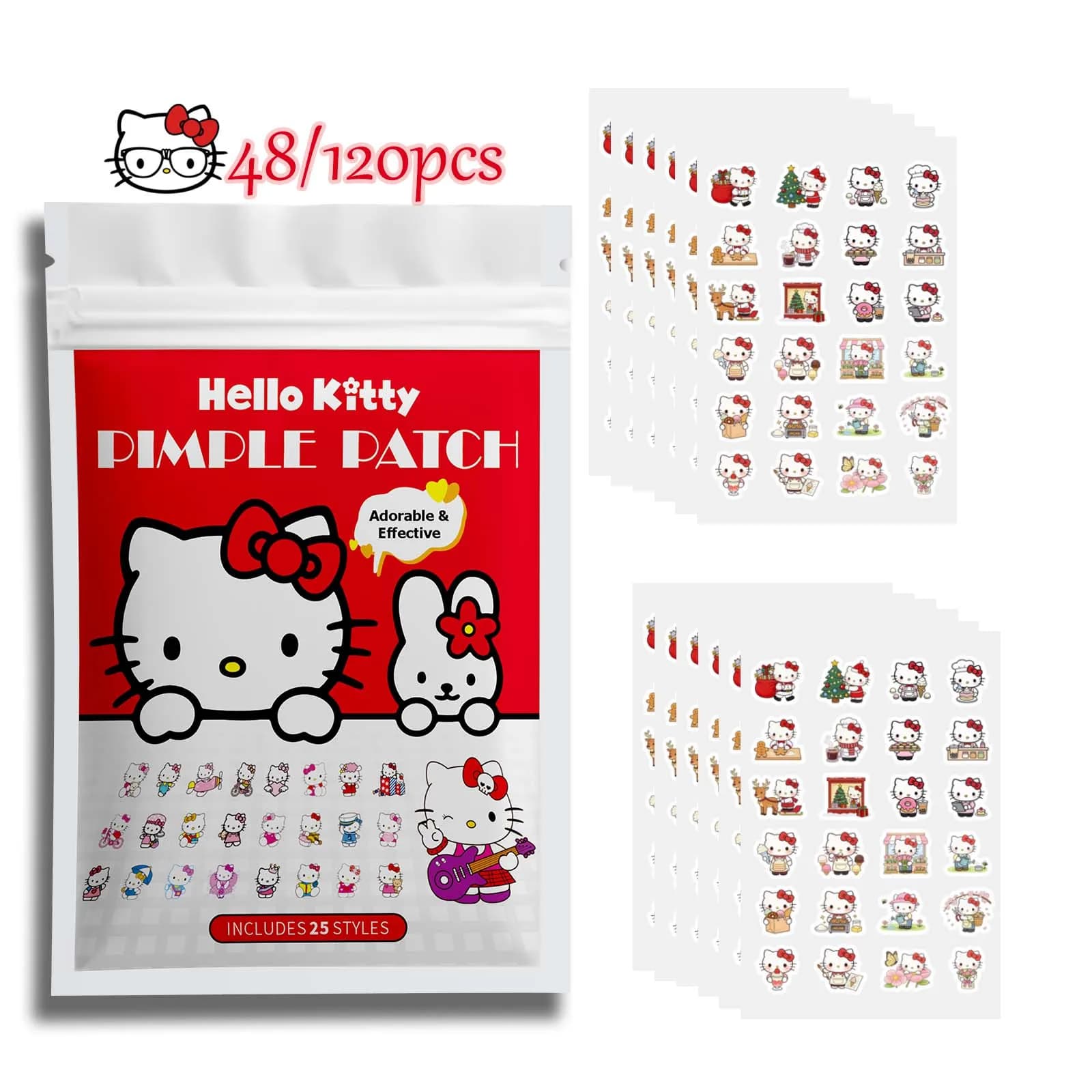 48/120PCS Adorable Kawaii Hello Kitty Spot Stickers, Soft Clear Hydrocolloid Facial Cover