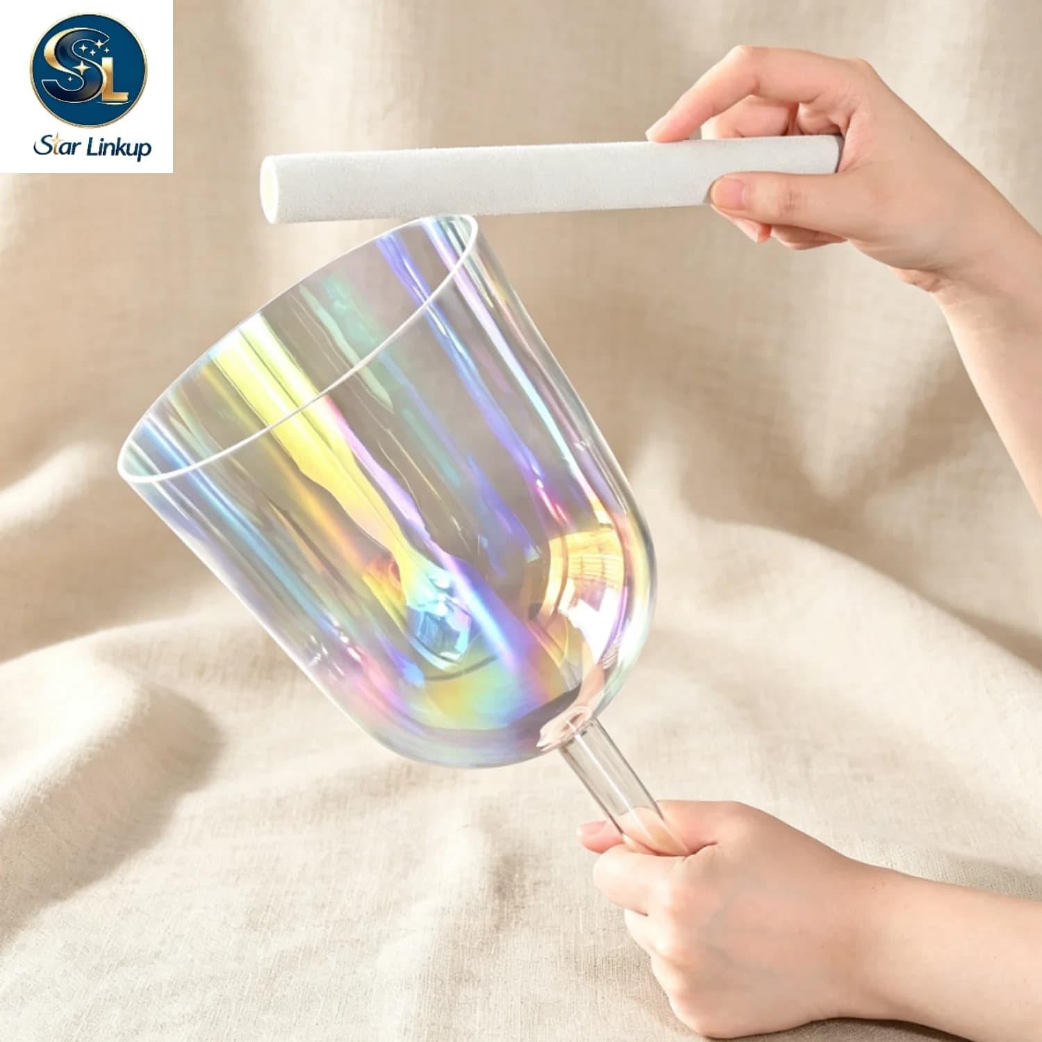 7 Inch Cosmic Light Clear Quartz Crystal Singing Bowl with Handle for Stress Relief Sound Healing and Meditation