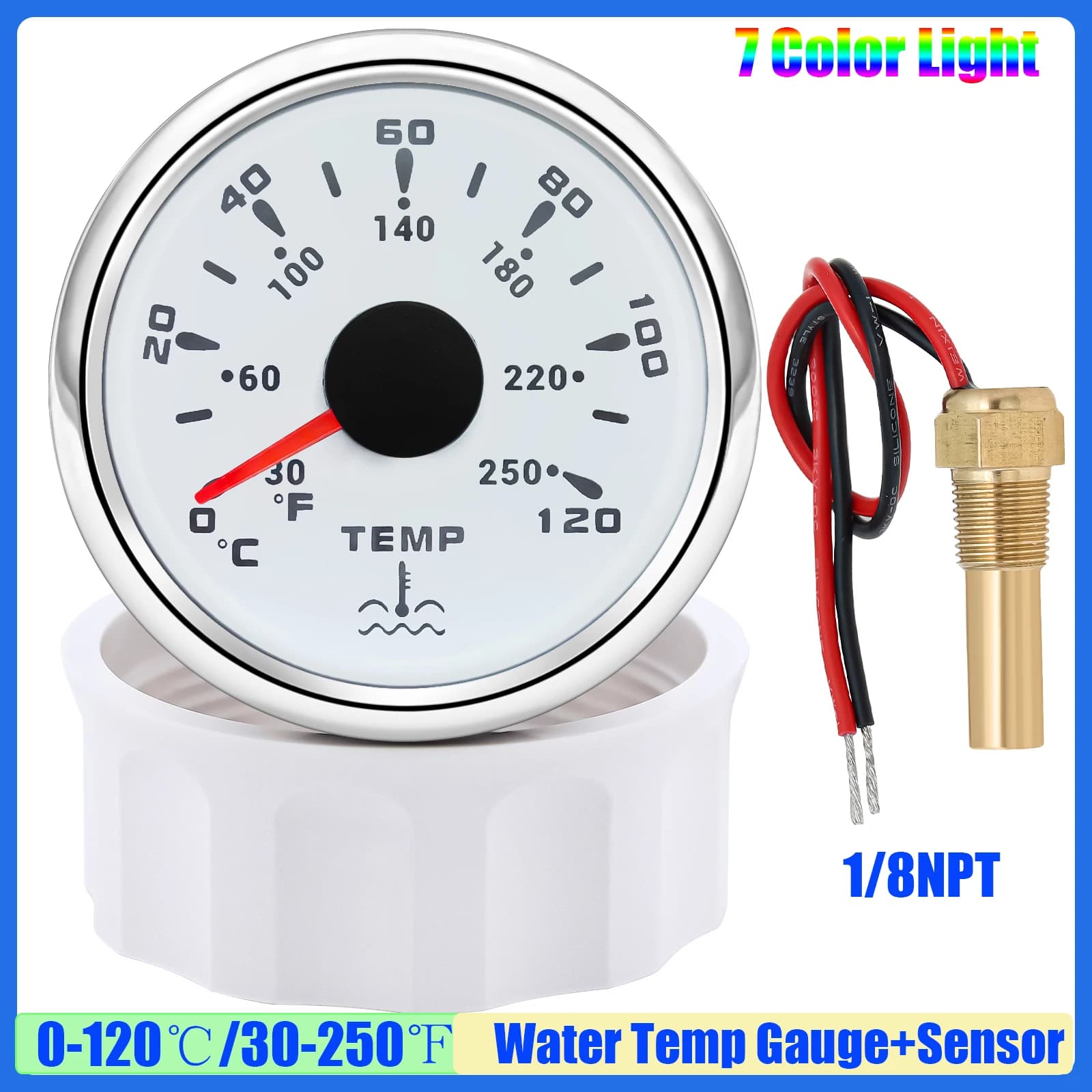 Waterproof 52mm Water Temperature Gauge with Sensor 7 Color LED 0-120℃ Water Temp Meter for Auto Car Marine Yacht 12V24V custom