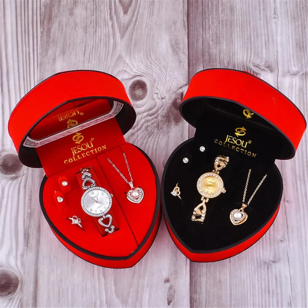 2025 new women's bracelet gold set silver crystal ring earrings quartz watch set jewelry gift box for women