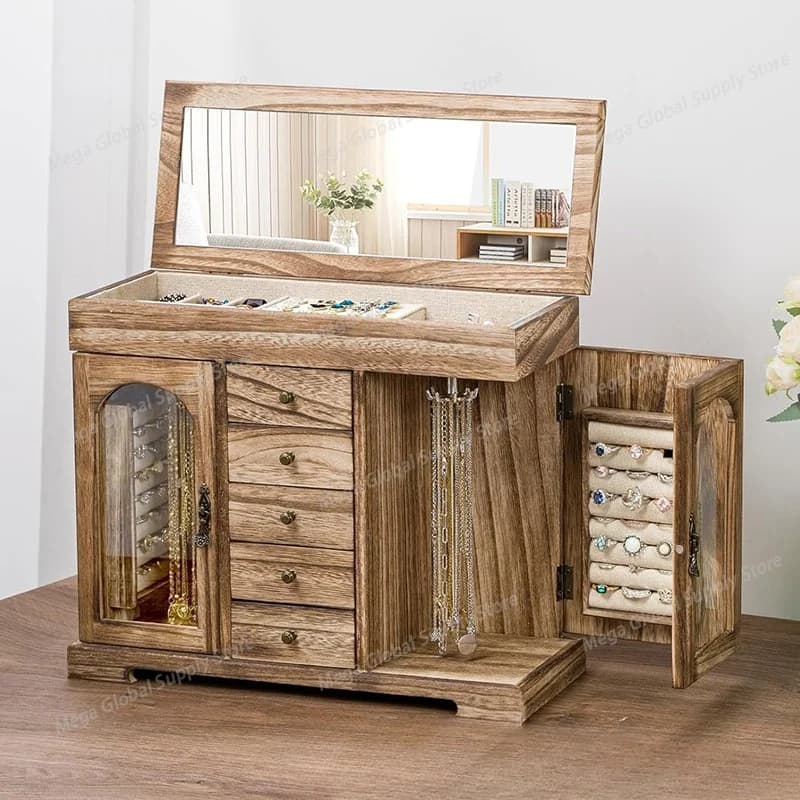Wood Jewelry Storage Box Necklace Retro Jewelry Organizer Box Ring Bracelet Stud Earring Storage Boxes Display Stand with Mirror