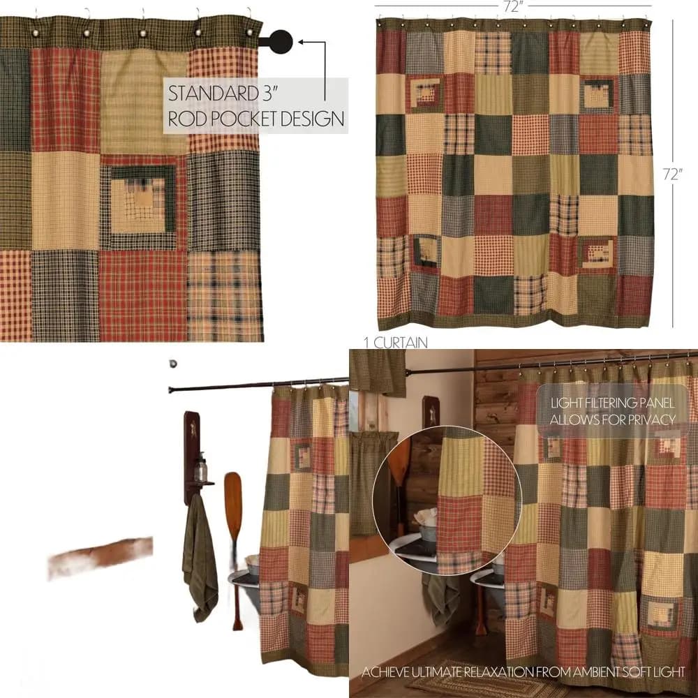 Green patchwork 72x72 rustic shower curtain with hook holes, square decoration for bathroom
