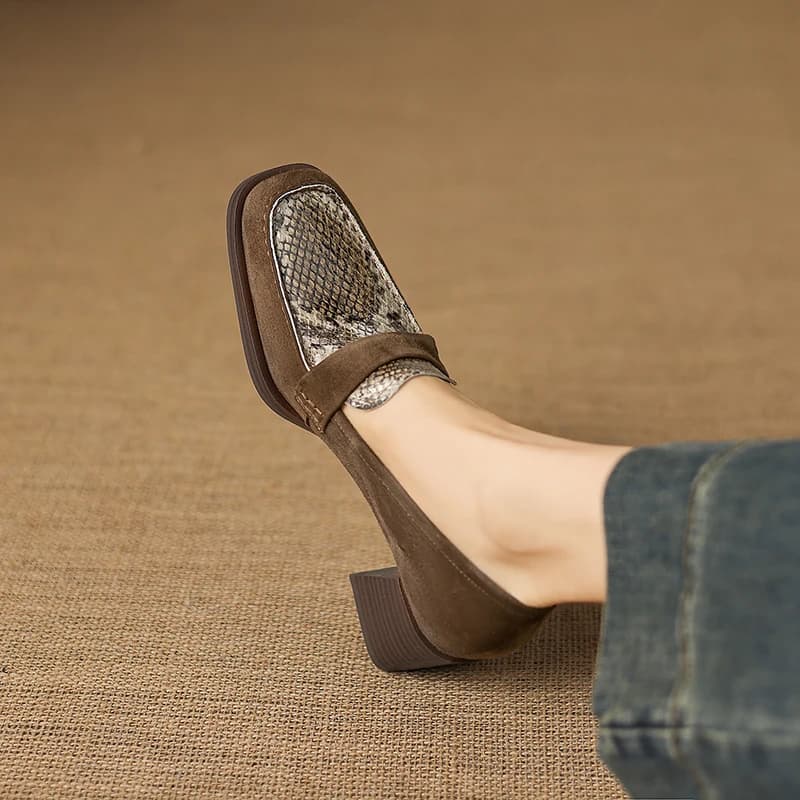 Size 34-40 Women Casual High Heels Moccasins Leather Suede Cow Gross Low Heels Shoes Spring 2026 New Retro Slip on Daily Office
