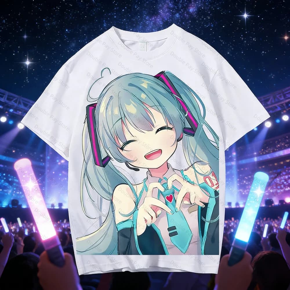 Short-sleeved shirt with Hatsune Miku print, two-dimensional kawaii style student clothing, men's and women's t-shirt.