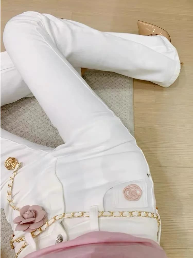 Y2K Jeans bianchi da donna a vita alta slim fit gamba dritta leggermente svasato corto moda autunnale