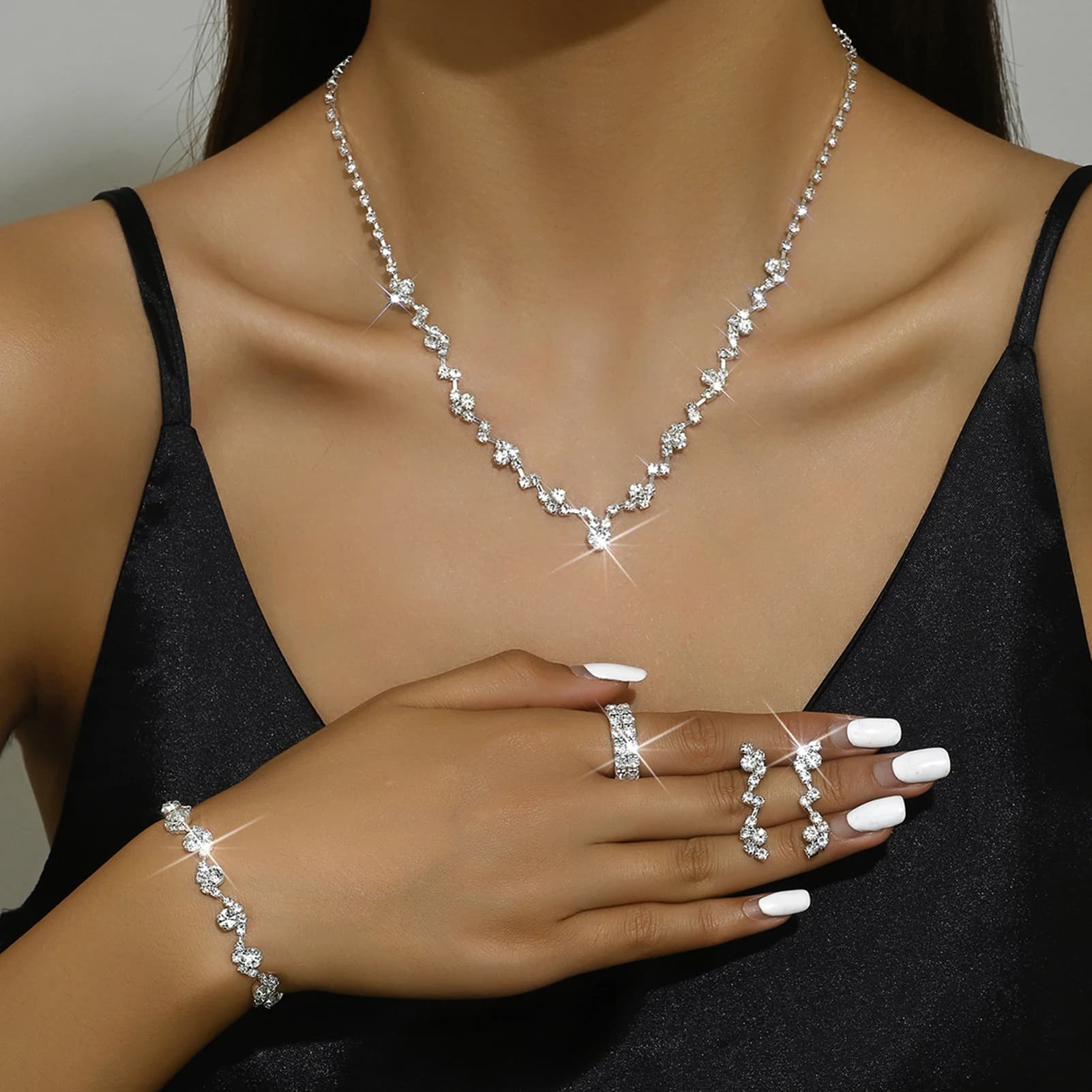 Set di Collana, Orecchini e Bracciale con Strass per Sposa, Elegante Set di Gioielli per Abiti da Cerimonia e Compleanno