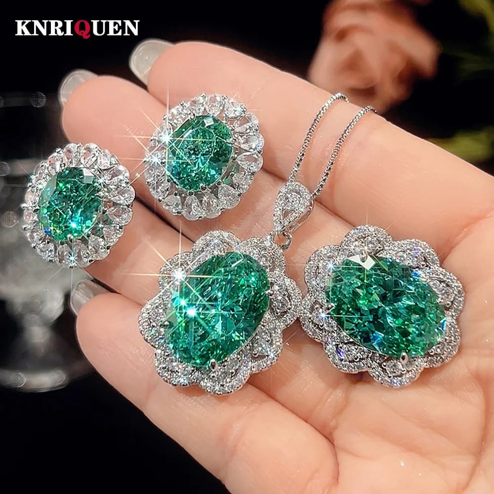 Sparkling Green Tourmaline Pendant Necklace Earrings Ring for Women Gemstone Cocktail Party Fine Jewelry Sets Anniversary Gift