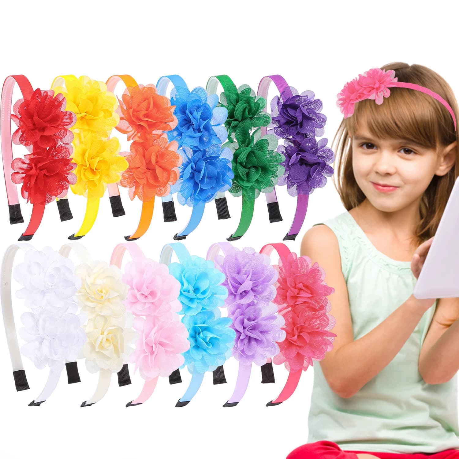 6 pezzi Fasce per fiori in chiffon Fasce per capelli per denti in plastica Fasce per ragazze Fascia floreale Accessori per capelli per bambini