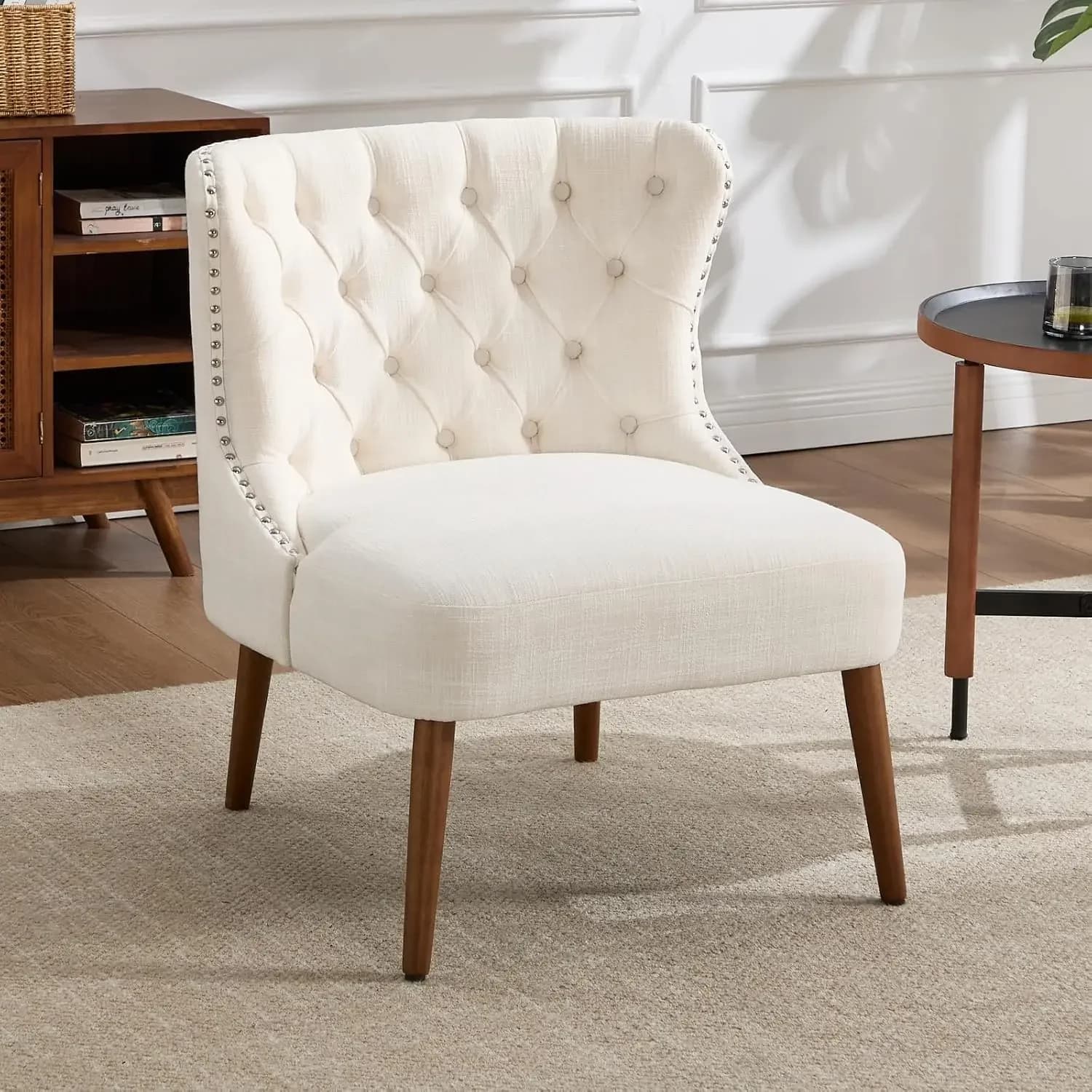 Tufted Slipper Accent Chair, Armless Living Room Chair with Nailhead Trim, Mid-Century Modern Upholstered Wingback Side Chair fo