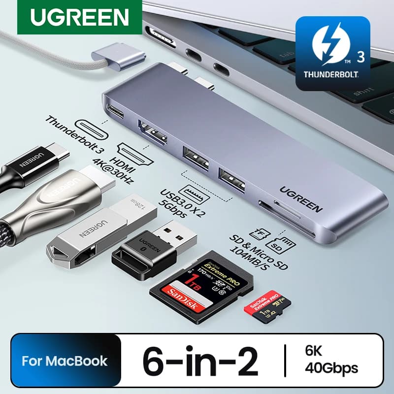 UGREEN USB C HUB 6-in-2 Tipo-C a Thunderbolt 3 4K HDMI USB3.0 Adattatore SD e TF per MacBook Pro Air Docking Station Splitter USB-C