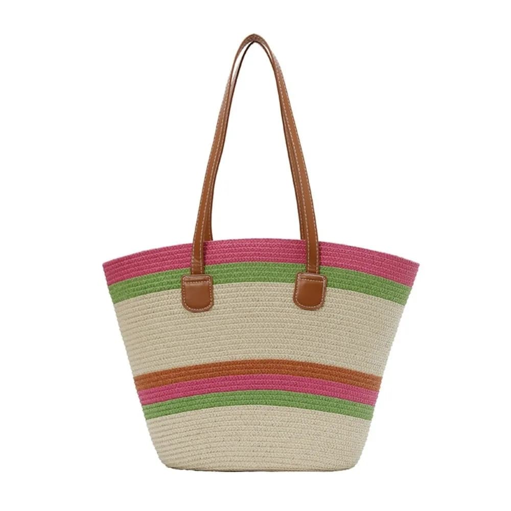 Large Capacity Stripe Woven Tote Bag Lightweight Contrast Color Shopping Straw Bag Underarm Pouch Polyester Summer Beach Handbag